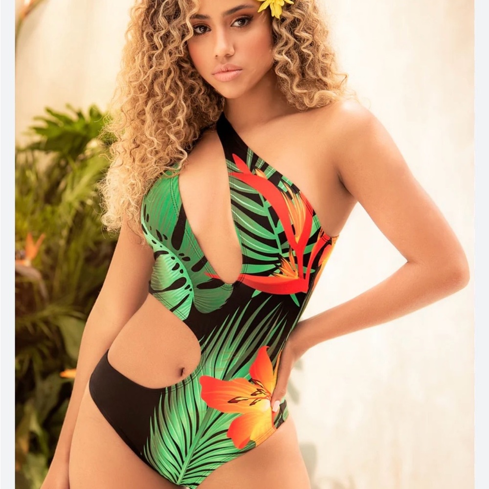 Frederick's of Hollywood Black and Green Tropical One Piece